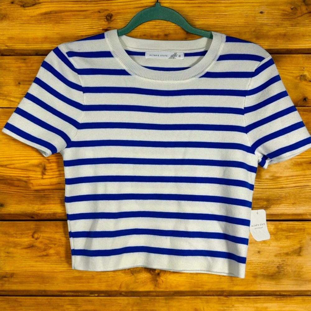 Altar'State Blue Striped Sweater Cropped Top Women's Size Medium NWT Schoolgirl